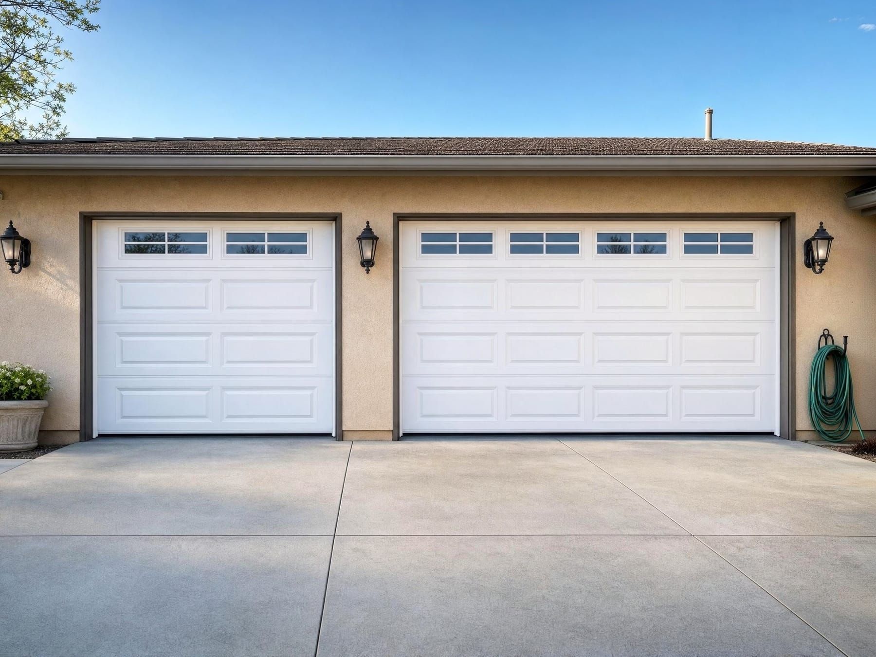 Two newly installed white raised-panel garage doors of different widths, each with a row of small window panes, on a tan stucco San Diego home with a composite shingle roof